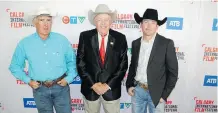  ??  ?? From left, stuntman Brent Woolsey, legendary horse trainer John Scott and profession­al bull rider Scott Schiffner.