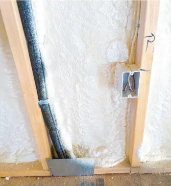  ?? TIM CARTER ?? This closed-cell foam insulation doesn’t fill the wall cavity. It may be step one of a combo with foam plus fiberglass.