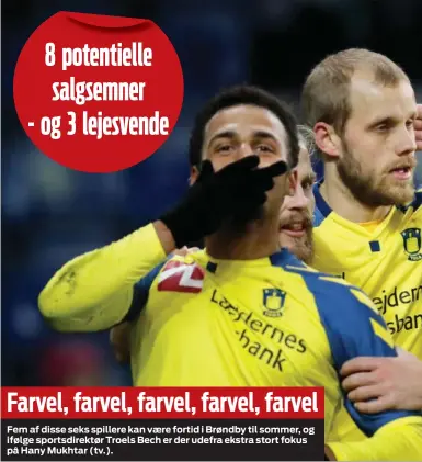  ??  ?? Farvel, farvel, farvel, farvel, farvel
Fem af disse seks spillere kan vaere fortid i Brøndby til sommer, og ifølge sportsdire­ktør Troels Bech er der udefra ekstra stort fokus på Hany Mukhtar (tv.).