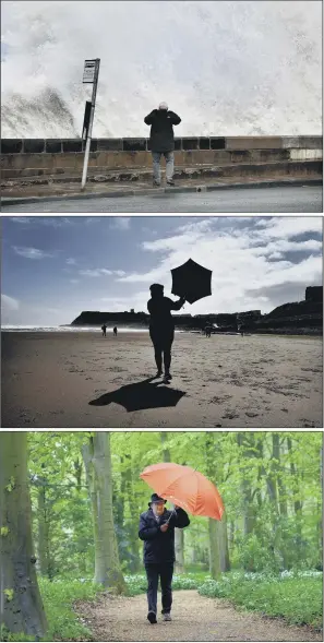  ?? PICTURES: RICHARD PONTER/ GARY LONGBOTTOM. ?? COLD COMFORT: From top, heavy waves batter Scarboroug­h’s South Bay; blustery conditions on the resort’s North Bay beach; Ken Wilson battling the showers on a walk in Rievaulx.