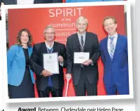  ??  ?? Award Between Clydesdale pair Helen Page and Fergus Murphy are Jim Roche and Alex Mitchell from Stirling Citizens Advice Bureau