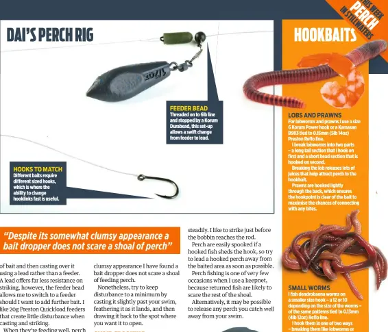  ??  ?? HOOKS TO MATCH Different baits require different sized hooks, which is where the ability to change hooklinks fast is useful. FEEDER BEAD Threaded on to 6lb line and stopped by a Korum Durabead, this set-up allows a swift change from feeder to lead.