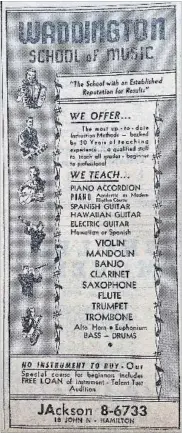  ??  ?? From the 1950s Yellow Pages. The music school featured eight practice rooms and 20 music teachers at the top of the stairs.