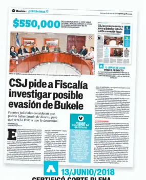  ??  ?? LA CORTE PLENA DE LA CORTE SUPREMA DE JUSTICIA CERTIFICA A LA FISCALÍA GENERAL DE LA REPÚBLICA EN EL CASO DE NAYIB BUKELE POR POSIBLE DELITO DE EVASIÓN.