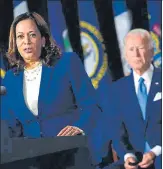  ??  ?? Senator Kamala Harris speaks as a Democratic vice-presidenti­al nominee as Joe Biden looks on at an event in Delaware.