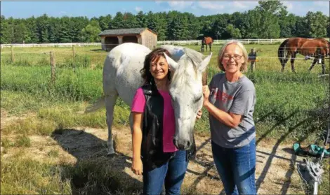  ?? PHOTO BY MAUREEN WERTHER ?? Jennifer and Maureen spend some time giving a little love and swatting flies for Bold Mon, the winningest and also the sweetest of the horses visiting for the summer. Some of the horses will make great trail riders, while others are already making a...