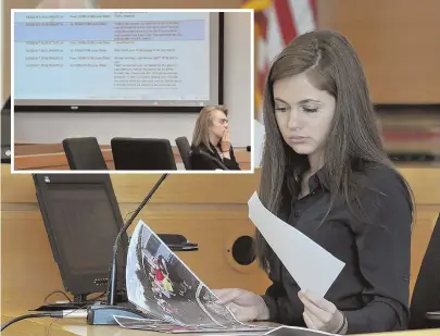  ?? POOL PHOTOS ?? STARK IMAGES: Samantha Boardman, above, a former friend of Michelle Carter, inset, looks over photos during Carter’s trial yesterday. Defense attorneys Cory Madera, below left, and Joe Cataldo, below right, joined Carter at the site where her...