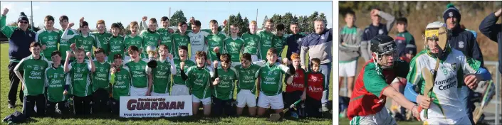  ??  ?? The triumphant Naomh Eanna squad with their mentors. Seamie O’Hagan of Buffers Alley is tackled by Kyle Kenny.