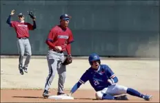  ?? JULIA Malakie / LOWELL Sun ?? umass Lowell’s Gerry Siracusa is safe at second with a stolen base, avoiding the tag by NJIT second baseman daniel Helfgott in the second inning on Saturday. NJIT center fielder albert Choi was surprised by the call.