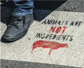  ?? PHILIPPE HUGUEN/AFP/GETTY IMAGES FILES ?? A person walks on a vegan slogan on a crosswalk in Lille, France. More than US$6 billion is tied up in funds focused on environmen­tal, social and governance issues.