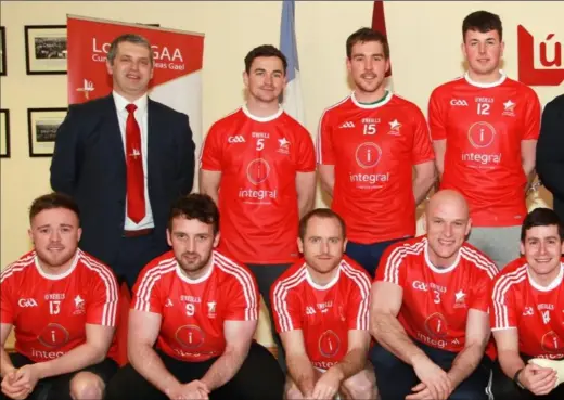  ??  ?? The 2017 Red Stars received their specially-commission­ed jerseys last week. Pictured with county board chairman Des Halpenny and sponsor, Peter Carolan, Ciaran Downey; front row, Alan Quigley, Derek Crilly, Paudie McDonagh, Jamie Faulkner, Niall...