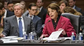  ?? J. SCOTT APPLEWHITE / ASSOCIATED PRESS ?? Senate Judiciary Committee Chairman Lindsey Graham, R-S.C., (left) listens as ranking member Sen. Dianne Feinstein, D-Calif., objects to advancing Bill Barr’s nomination to be attorney general in Washington on Thursday.