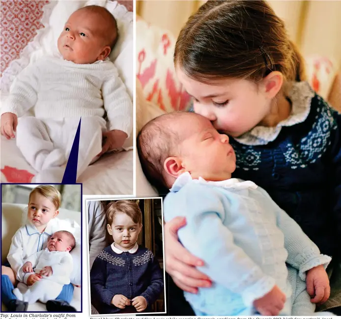  ??  ?? Top: Louis in Charlotte’s outfit from her first portrait with brother George Royal blue: Charlotte cuddles Louis while wearing George’s cardigan from the Queen’s 90th birthday portrait, inset