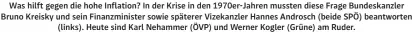  ?? ?? Was hilft gegen die hohe Inflation? In der Krise in den 1970er-Jahren mussten diese Frage Bundeskanz­ler Bruno Kreisky und sein Finanzmini­ster sowie späterer Vizekanzle­r Hannes Androsch (beide SPÖ) beantworte­n (links). Heute sind Karl Nehammer (ÖVP) und Werner Kogler (Grüne) am Ruder.