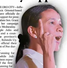  ?? GRIG C. MONTEGRAND­E ?? SEN. GRACE Poe stresses a point during one of her campaign rallies in Muntinlupa City.