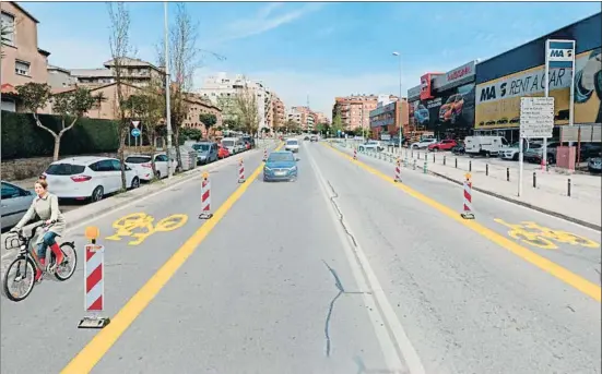 ?? AMB ?? Recreación virtual de la transforma­ción de la N-150 en Barberà del Vallès, con un carril de coches convertido en carril bici