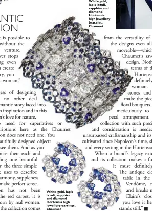  ??  ?? White gold, lapis lazuli, sapphire and diamond Hortensia high jewellery earrings, Chaumet