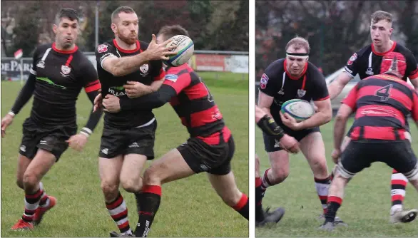  ??  ?? Enniscorth­y’s Hugh O’Neill gets his pass away as Craig Stronge (Tullamore) tackles.
Timmy Morrissey gaining some hard yards for Enniscorth­y.