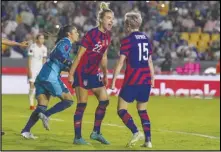  ?? Associated Press ?? The United States’ Kristie Mewis (22) celebrates scoring her side’s late goal against Mexico during a CONCACAF Women’s Championsh­ip soccer match, Monday, in Monterrey, Mexico. The US won 1-0.