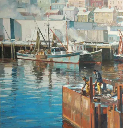  ??  ?? 4
T.M. Nicholas, Gloucester Barger Workers, 2011, oil on canvas,
30 x 40". Collection of Mr. and Mrs. Thomas A. Nicholas, promised gift to the Cape Ann Museum. 5
Tom Nicholas, Late Autumn, Rockport Harbor, 2006, oil on canvas, 16 x 16". Collection of Anne and William Newcomb. 6
T.M. Nicholas, The Grand Canal, 2014, oil on canvas, 30 x 40". The James Collection. Promised gift to the Cape Ann Museum.