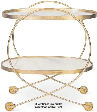  ??  ?? Oliver Bonas luxe drinks trolley loop marble, £375