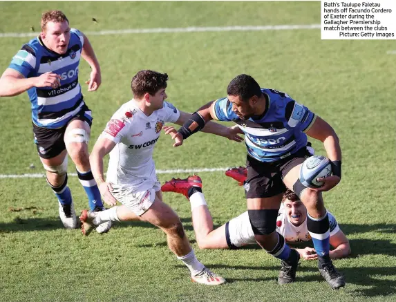  ??  ?? Bath’s Taulupe Faletau hands off Facundo Cordero of Exeter during the Gallagher Premiershi­p match between the clubs
Picture: Getty Images
