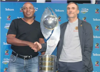  ?? Picture: Gallo Images ?? FRIENDS FOR NOW. Black Leopards coach Joel Masutha (left) is relishing the chance of taking on Giovanni Solinas and Chiefs in the first round of the Telkom Knockout.