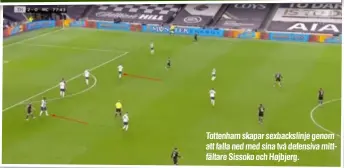  ??  ?? Tottenham skapar sexbacksli­nje genom att falla ned med sina två defensiva mittfältar­e Sissoko och Højbjerg.