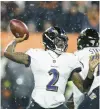  ?? RON SCHWANE/ AP ?? Ravens quarterbac­k Tyler Huntley passes as snow falls against the Browns in Cleveland on Dec. 17