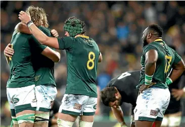  ?? GETTY IMAGES ?? South African players celebrate their shock victory over the All Blacks in Wellington last month.