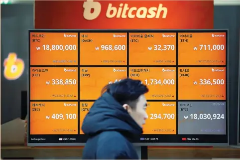  ?? (Kim Hong-Ji/Reuters) ?? A MAN walks past an electric board showing exchange rates of various cryptocurr­encies, including bitcoin, at a cryptocurr­encies exchange in Seoul last week. Seabreeze Partners Management president Doug Kass thinks one of next year’s big market...