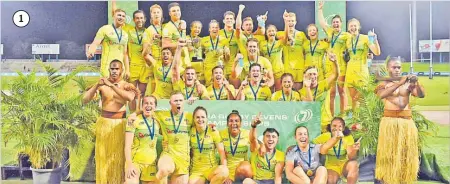  ?? Picture: JONACANI LALAKOBAU ?? 1 1. The Australian men’s and women’s sevens teams celebrate after winning the 2019 Oceania Rugby Sevens Championsh­ips.