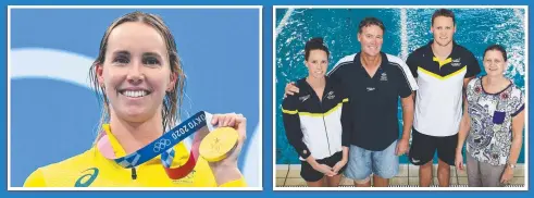  ?? ?? Clockwise from far left: swimmer Emma McKeon with the four gold medals she won in Tokyo; in action at the Tokyo Aquatics Centre; with parents Ron and Susie and brother David in 2014; and with her gold medal after the final of the women’s 50m freestyle event during the Tokyo 2020 Olympic Games. Pictures: Brendon Thorne, Alex Coppel, Liam Kidston, Attila Kisbenedek