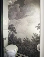  ??  ?? Tanya renovated her bathroom, transformi­ng it from a lean-to to a smart haven. The wallpaper mural in the toilet, called Wildscape, was designed for Resene and is due to be released. The prototype of the mural, printed to check for mistakes, is now hanging in the bedroom of her brother Peter Wolfkamp’s villa. Peter is Newstalk ZB’s Resident Builder and the site foreman for the television series, The
Block NZ.