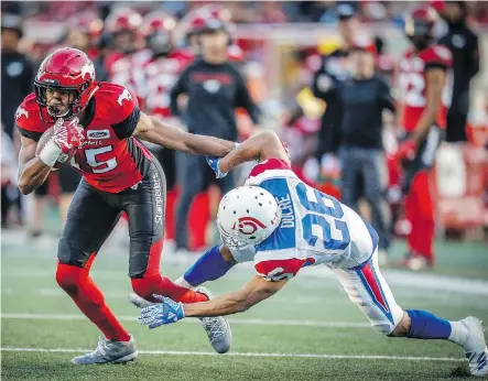  ?? AL CHAREST/FILES ?? Stampeders receiver Eric Rogers, here in action against the Montreal Alouettes in July, remains a question mark for Saturday’s game against the B.C. Lions at McMahon Stadium after returning to California for the birth of his second child.