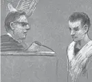  ?? MARGARET SMALL VIA AP, FILE ?? This artist depiction shows Massachuse­tts Air National Guardsman Jack Teixeira, right, appearing in court in Boston on April 14, 2023.