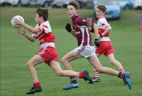  ??  ?? Eoin Hughes of Ballinastr­agh Gaels is chased by Eoin Sinnott of St. Martin’s.