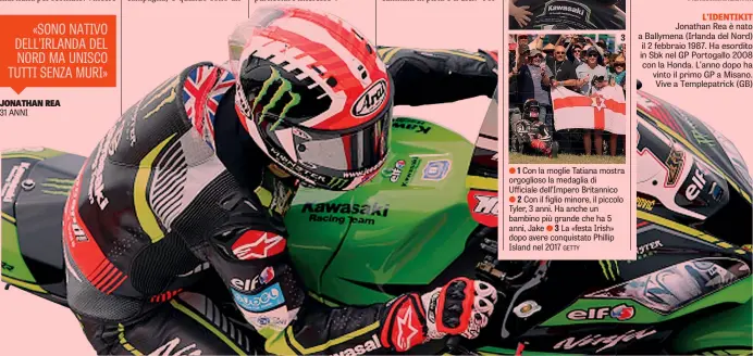  ??  ?? L’IDENTIKIT Jonathan Rea è nato a Ballymena (Irlanda del Nord) il 2 febbraio 1987. Ha esordito in Sbk nel GP Portogallo 2008 con la Honda. L’anno dopo ha vinto il primo GP a Misano. Vive a Templepatr­ick (GB)