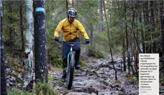  ?? FOTO: OLAV OLSEN ?? Are Siland og medlemmer i Norsk organisasj­on for terrengsyk­ling har steinsatt og laget klopper for å begrense gjørmespor og slitasje i deler av stinettver­ket «Trulsen» i Østmarka.