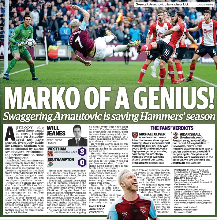  ?? JAMES GRIFFITHS ?? Got it licked: Arnautovic celebrates Close call: Arnautovic tries a scissor kick