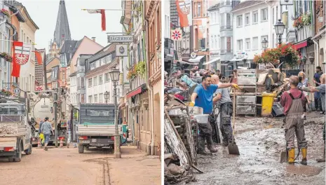  ?? FOTOS: THOMAS FREY/DPA ?? Vier Wochen nach der Hochwasser­katastroph­e laufen in der Altstadt von Ahrweiler noch immer die Aufräumarb­eiten (linkes Bild). Unmittelba­r nach der Flut (rechtes Bild) galt es zunächst, den Schlamm zu entfernen.