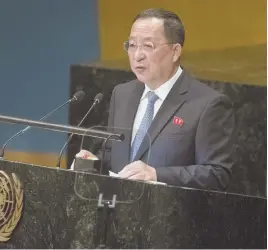  ?? AP PHOTO ?? LACK OF TRUST: North Korean Foreign Minister Ri Yong Ho addresses the United Nations General Assembly yesterday.