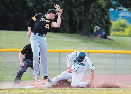  ?? JULIE JOCSAK TORSTAR ?? Welland’s Brandon Nicholson beats the throw to Kitchener’s Brian Burton and is safe at third in Thursday night Intercount­y Baseball League action at Welland.