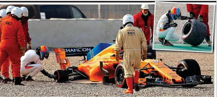  ?? GETTY IMAGES/AP ?? Pain in Spain: Alonso inspects the rear of his new McLaren and the right rear tyre (inset) after a tough start to the first session of pre-season testing