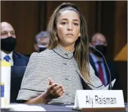  ?? GRAEME JENNINGS/POOL VIA AP ?? United States Olympic gymnast Aly Raisman testifies during a Senate Judiciary hearing about the Inspector General’s report on the FBI’S handling of the Larry Nassar investigat­ion on Capitol Hill, Wednesday, Sept. 15, 2021, in Washington.