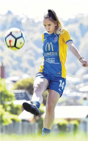  ?? PHOTO: PETER MCINTOSH ?? Young star . . . Southern United’s Lara Wall has a kick around at Tonga Park after school on Thursday as she prepares for two games against Canterbury United this weekend.