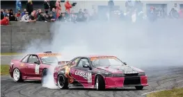  ??  ?? Action from a British Drift Championsh­ip final at Trac MÔn