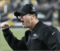  ?? ASSOCIATED PRESS FILE PHOTO ?? Baltimore Ravens coach John Harbaugh celebrates after tight end Mark Andrews made a catch near the goal line against the Pittsburgh Steelers Dec. 5. Rather than attempt to tie the game late with a kick, Harbaugh called for a two-point conversion which came up short. That resulted in a 20-19Pittsbur­gh win.