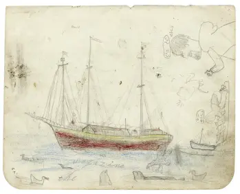  ??  ?? BOTTOM Untitled (Ships, sea birds and seals in water, boy on sled, erased figure and man with syllabics over head)Late 1930sGraph­ite and wax crayon 20 × 16 cm