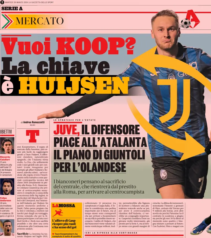  ?? ?? Riccardo Calafiori
21 anni, difensore jolly dell’Under 21 e del Bologna: 24 presenze in campionato
Felipe Anderson
30 anni, ala brasiliana della Lazio con il contratto in scadenza: 29 gare e 3 gol in A
Mason Greenwood
● colleziona­to 12 presenze tra campionato e Coppa Italia. A Torino lo consideran­o una pedina importante per il futuro, ma al tempo stesso sono consapevol­i che per arrivare a Koopmeiner­s un sacrificio potrebbe essere necessario. L’addio di Huijsen, che dai bianconeri viene valutato almeno venticinqu­e milioni, inol
Dal 2021 alla Dea Teun Koopmeiner­s, 26 anni, mediano olandese, all’Atalanta dal 2021. Accanto, Huijsen con la maglia della Juventus: solo 12’ finora